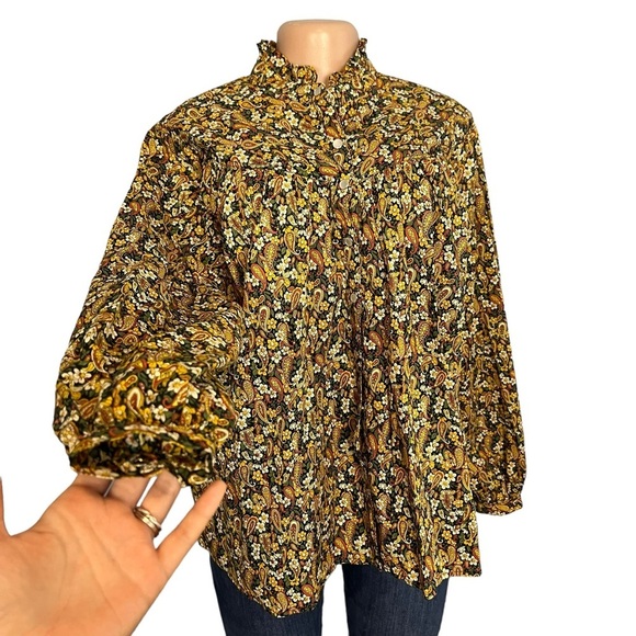 3/$30 🍂 Overlover Yellow & Brown Paisley Button Down Cotton Blouse - Picture 2 of 12